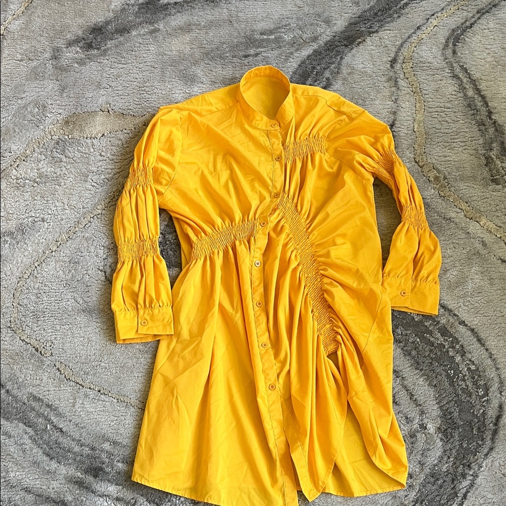 Vibrant Yellow Ruched Shirt Dress Size Medium